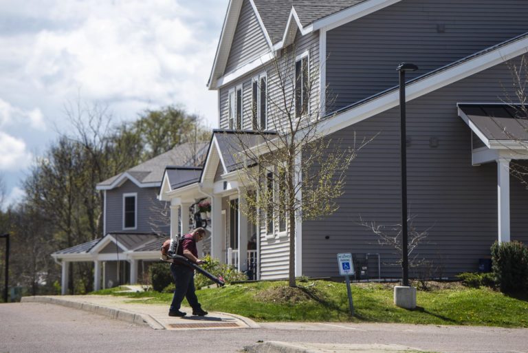 Looking down the street of an affordable housing complex