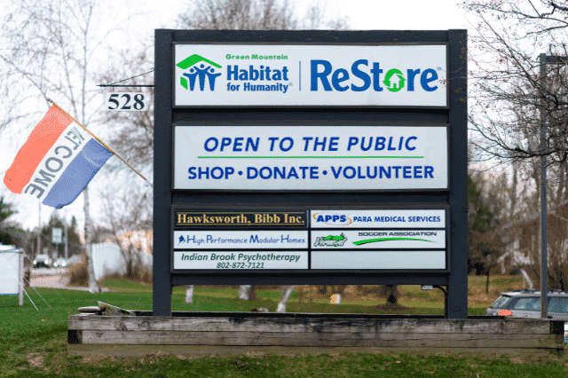 The Habitat ReStore road sign in Williston, Vermont